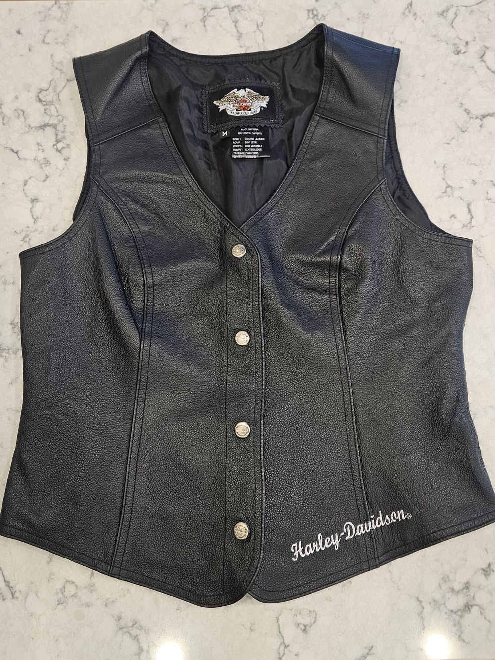 Harley-Davidson Black Genuine Leather Vest Women’s Medium Button Front Logo